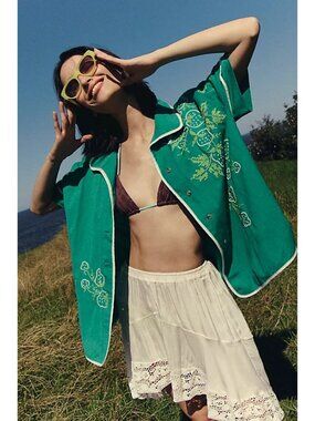 Free People Strawberry Shirt Green Embroidered Vintage Oversized Retro Womens XS